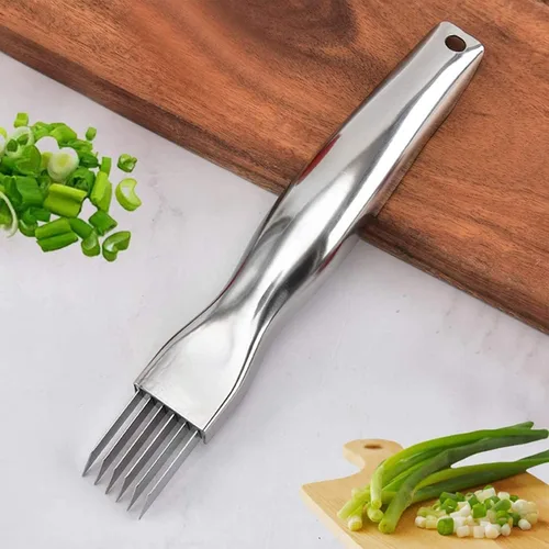 Vista 2 de Cortador de cebolla picada de acero inoxidable, multifuncional para alimentos, cuchillo de cebolla, herramienta de cocina, rebanada de cubiertos
