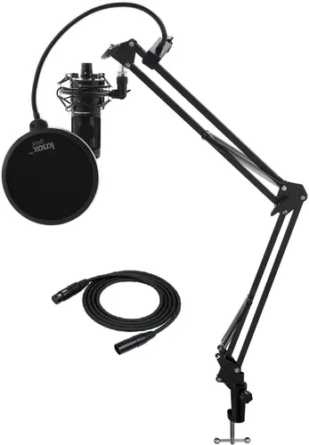 Vista 9 de Audio-Technica Micrófono de estudio de condensador AT2020 con filtro de engranajes Knox, brazo de pluma, cable y paquete de montaje de choque