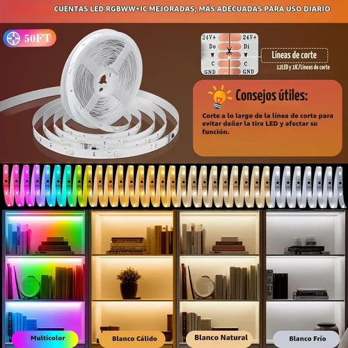 Vista 4 de Tira de luces LED RGBWW+IC de 50 pies, multicolor+3000K-6500K con control
