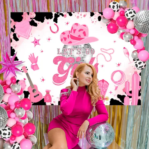 Vista 5 de Mocsicka Telón de fondo de disco de vaquera rosa con texto en inglés "Let's Go Girls", pancarta de cumpleaños para despedida de soltera, fin