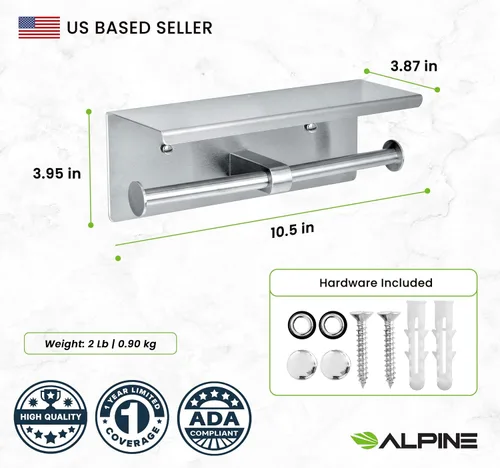 Vista 2 de Alpine - Soporte de papel higiénico doble con estante - Soporte de papel higiénico de acero inoxidable cepillado de doble rollo resistente a