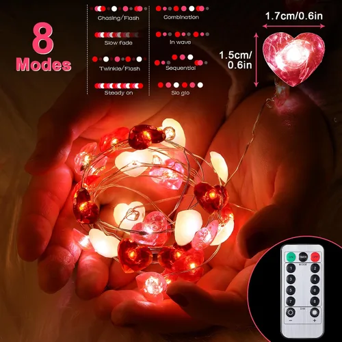 Vista 4 de Hiboom 2 tiras de luces de corazón para el día de San Valentín con temporizador de 10 pies, 30 luces LED en forma de corazón, 8 modos de Rojo