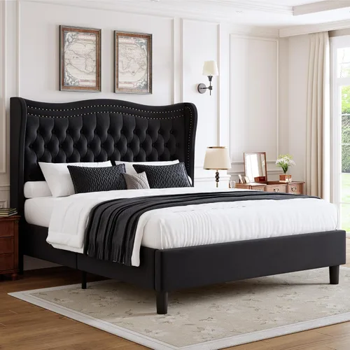 Vista 11 de Marco de Cama Full con Cabecera y Pie de Cama Altos, Marco de Cama Plataforma Tapizada en Terciopelo con Acolchado de Botones Profundos Tipo Beige