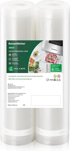 Vista 9 de Bolsas de sellado al vacío Bonsenkitchen, 6 paquetes de 3 rollos de 27,94 cm x 6,10 m + 3 rollos de 20,32 cm x 6,10 m, rollos de bolsas de grado