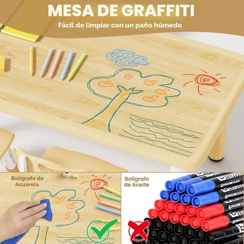 Vista 4 de Set de mesa y 4 sillas para niños Brelley, juego de mesa y sillas ajustables en altura para niños pequeños, escritorio con diseño de grafiti, patas