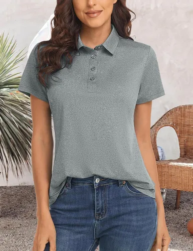 Vista 2 de Polu Polo de golf para mujer, absorbe la humedad, manga corta, casual, cuello 4 botones