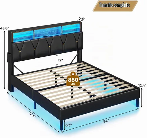 Vista 2 de BTHFST Marco de cama tamaño completo con luces LED y estación de carga, marco de cama LED tamaño completo con almacenamiento de cabecero, cama