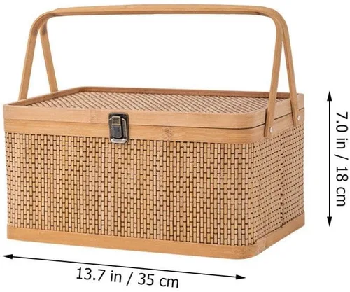 Vista 6 de Alipis Cesta de bambú con tapa, cesta de picnic de bambú con tapa y asa, cesta de almacenamiento tejida, cesta de pan de frutas, organizador