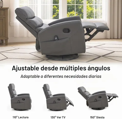 Vista 6 de SoarFlash Mecedora reclinable giratoria de 360°, mecedora con masaje de calor y vibración, silla de piel sintética para sala de estar, espacios