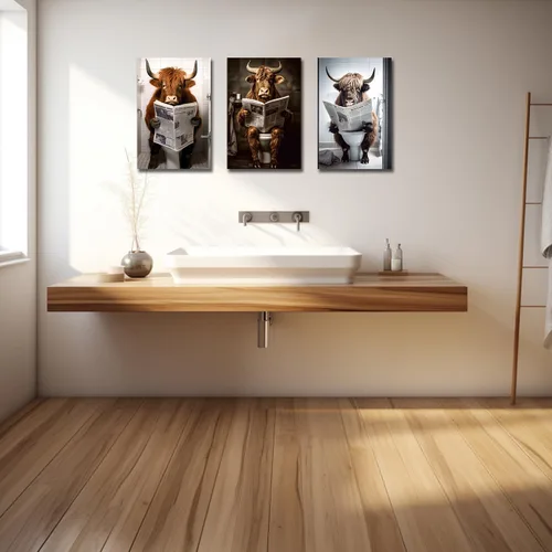 Vista 3 de LZIMU 3 impresiones en lienzo de vaca de las tierras altas – Divertidas imágenes de animales de baño – enmarcado (11 x 14 pulgadas, 3 piezas)