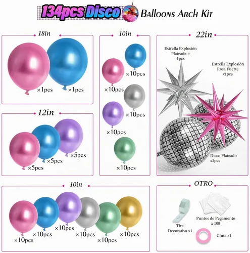 Vista 2 de Arco de globos de discoteca de 135 piezas con globos de aluminio plateado, azul, verde y morado Decoraciones de fiesta de cumpleaños, años 60, 70
