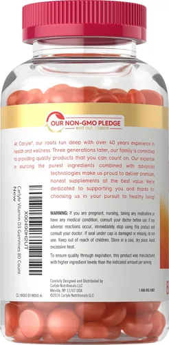 Vista 3 de Carlyle Gomitas de vitamina D3 10000iu para adultos 80 unidades Gomitas con sabor a melocotón Alta potencia para mujeres y hombres