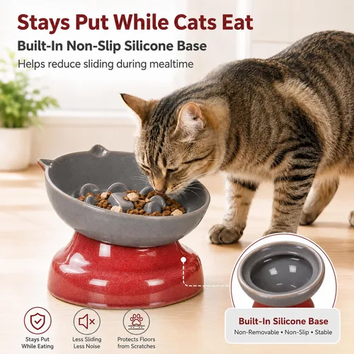Vista 7 de Ceramic Slow Feeder Cat Bowl, 15-Degree Tilted Non-Slip Grey