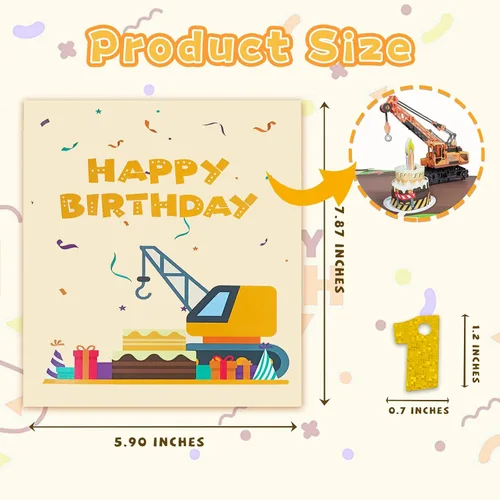 Vista 6 de Tarjeta de Felicitación 3D Desplegable de 1er Cumpleaños con Luz y Música, Tarjeta de Grúa y Camión Para Niño, Sobrino, Nieto, Hijo, Pequeño