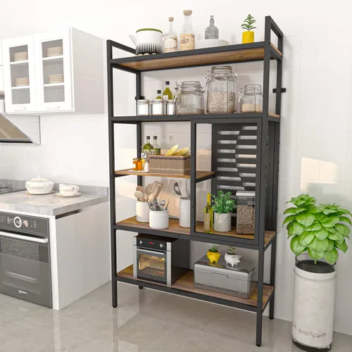 Vista 5 de Weehom Estantería industrial ajustable de 5 niveles, estantería de madera moderna con marco de metal estable, estantes de almacenamiento abiertos