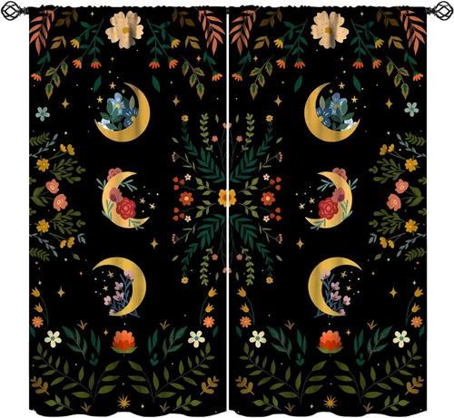 Vista 18 de Cortinas retro de luna, bosque mágico con hojas iluminadas por la luna, cortinas de plantas, diseño gótico floral de cielo estrellado para ventana