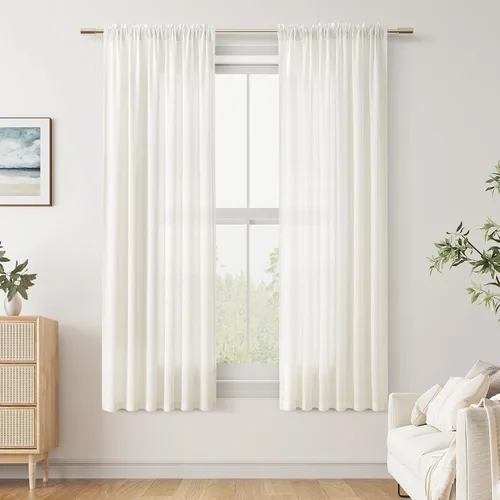 Vista 107 de Cortinas de lino verde aguamarina de 84 pulgadas de largo, juego de 2 paneles semitransparentes con bolsillo para barra para comedor, decoración