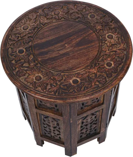 Vista 12 de Mesa auxiliar de madera de mango tallada a mano – Mesa auxiliar redonda de pedestal de 18 x 22 pulgadas para sala de estar, mesita de noche