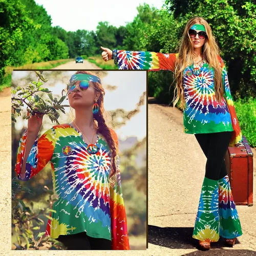 Vista 6 de Jiuguva Conjunto de 17 piezas de disfraz hippie de los años 60 y 70 para mujer, vestido de discoteca, pantalones bohemios, acampanados, camisa