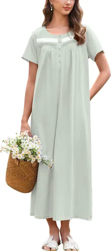 Vista 13 de Ekouaer Camisón para Mujeres de Algodón Camisón Largo de Noche Camisón de Manga Corta con Bolsillos Camisón con Botones Ropa de Dormir Suave