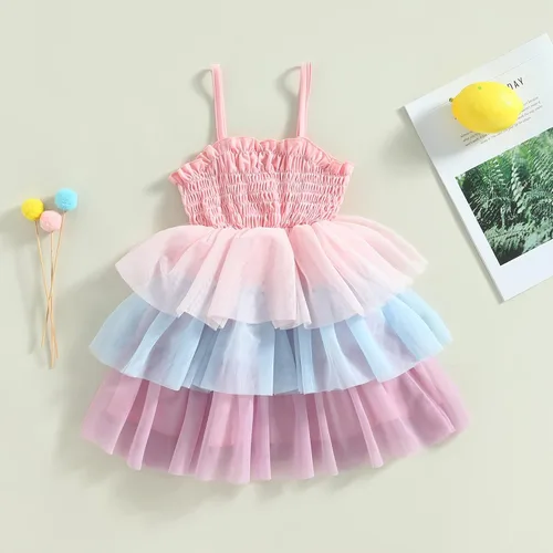 Vista 2 de Vestido sin mangas para bebé niña, vestido de tul esponjoso, falda tutú en capas, vestido de verano para niños