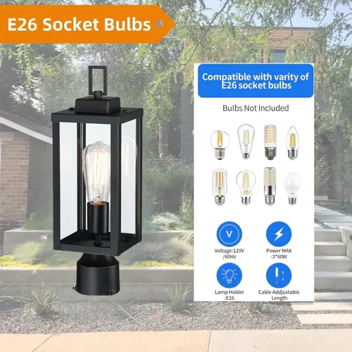 Vista 3 de WISBEAM Luz de poste para exteriores, linterna de poste, base E26 de 60 W máximo, carcasa de metal más vidrio, calificación ETL, bombillas