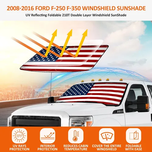 Vista 3 de Bestview - Parasol para parabrisas con bandera americana para Ford F-250 F-350 de 2008-2016, parasol plegable personalizado para ventana delantera