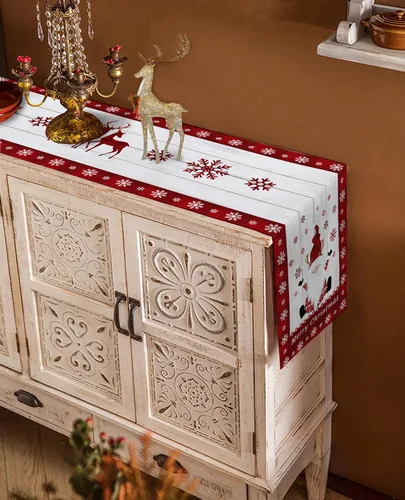 Vista 4 de Camino de mesa de lino y algodón de Feliz Navidad, gnomo, copo de nieve, camino de mesa de madera para mesa de comedor, decoración de cocina