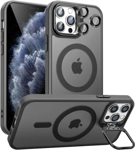 Vista 27 de Funda magnética para iPhone 11 con soporte, compatible con Magsafe, protección militar y protector de lente de cámara, funda translúcida mate