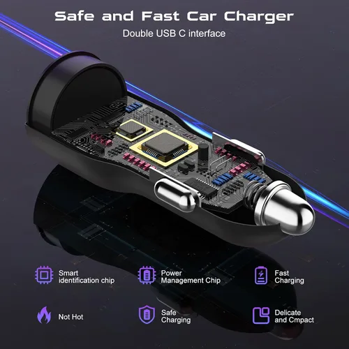 Vista 2 de Essri Cargador de coche rápido para iPhone 14 Pro 13 Pro Max 12 Mini 11 Pro SE X 8 Plus, cargador de coche con 2 unidades USB C de 3 pies