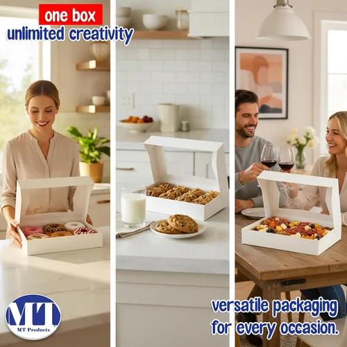 Vista 4 de MT Products 12" x 8" x 2.25" White Bakery Boxes with Window (5 Pack) - Auto Pop-Up Paperboard Treat Boxes for Chocolate Covered Strawberries