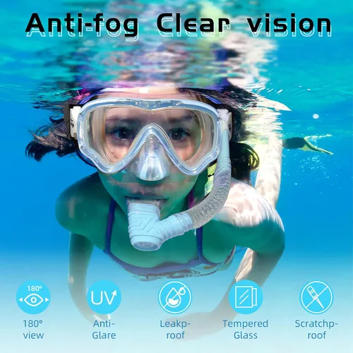 Vista 4 de Seago Juego de esnórquel para niños, máscara de esnórquel para niños, niñas, jóvenes, sin fugas, antivaho, visión clara, kit de buceo y natación