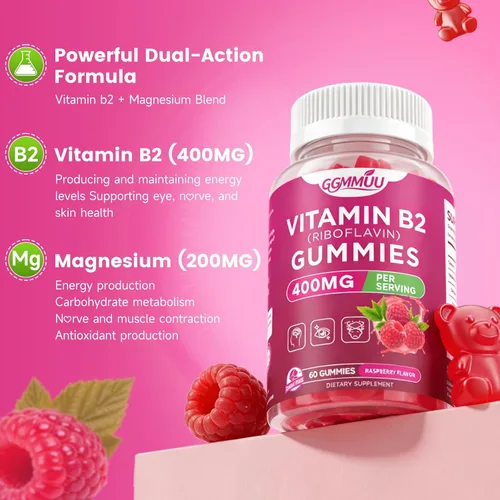 Vista 4 de Gomitas de vitamina B2 con riboflavina de 400 mg con magnesio para niños y adultos, gomitas B2 para apoyo del sistema nervioso y salud de la piel