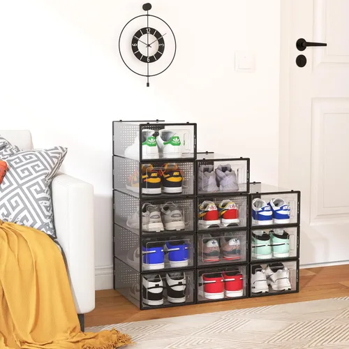 Vista 8 de Paquete de 12 cubos de almacenamiento de zapatos, organizador de zapatos apilable de plástico transparente para armario, zapatero plegable que