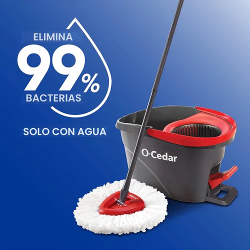 Vista 2 de O-Cedar EasyWring - Sistema de limpieza de suelos con balde y fregona giratoria de microfibra + 2 recambios adicionales, rojo/gris
