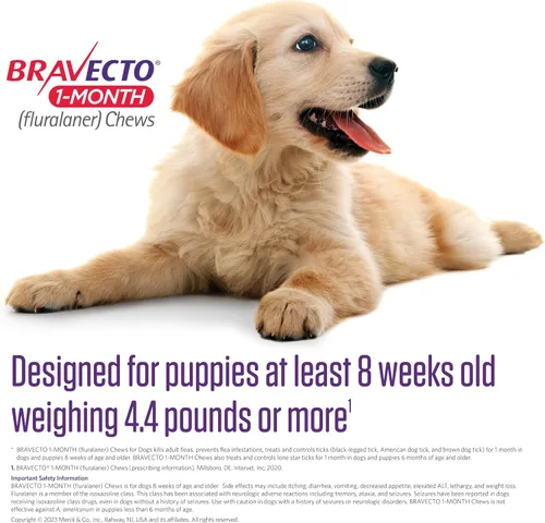 Vista 8 de BRAVECTO - Masticables de 1 mes para cachorros, >44-88 libras, 1 masticable, caja azul