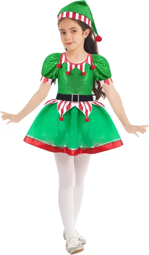 Vista 3 de YiZYiF Disfraz de elfo de Navidad para niños y niñas, fiesta de vacaciones, vestido de cosplay con lentejuelas, trajes festivos
