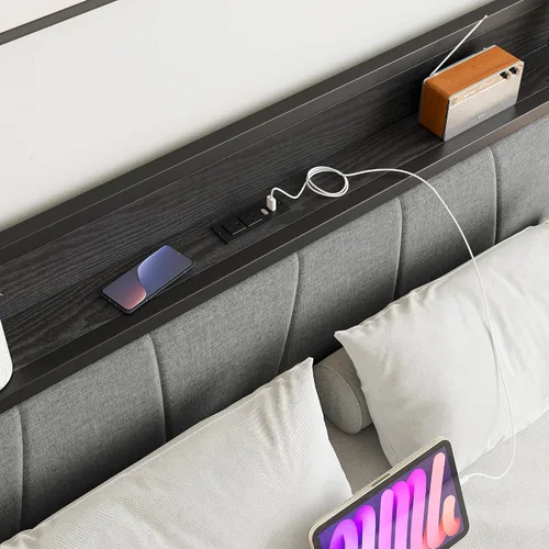Vista 5 de BOFENG Base de cama Queen con cabecero, base de cama tapizada de metal con estación de carga, marco de cama tamaño Queen con almacenamiento,