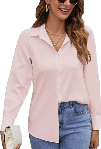 Vista 11 de Camisas de manga larga con botones para mujer, blusas casuales con cuello sin arrugas, para el trabajo, la oficina