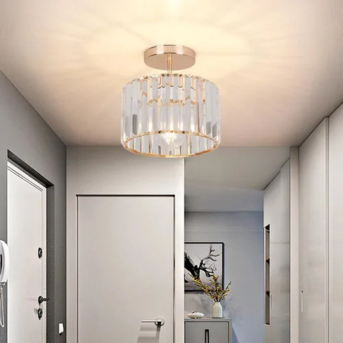 Vista 2 de Lámpara de techo de cristal semiempotrada, lámpara de techo de cristal para pasillo, lámpara dorada para entrada, dormitorio, baño, sala de estar