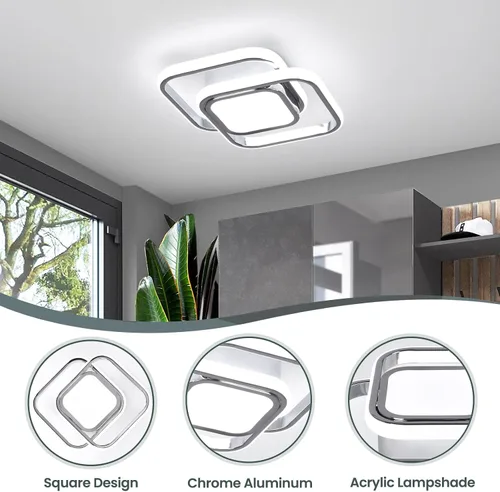 Vista 6 de CANEOE Lámpara de Techo Cuadrada para Pasillo, 6000K Blanco Frío Luz de Techo Moderna de Montaje al Ras, Accesorios de Iluminación LED Cromados