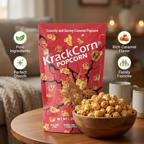 Vista 3 de KrackCorn Palomitas de maíz de caramelo, sin OMG, sin gluten, sin alta fructosa, sin culpa, delicia nocturna de película no grasa, 1.25 onzas