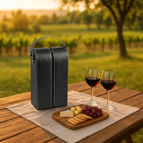 Vista 5 de Bey-Berk Portabotellas de vino de cuero negro, estuche de viaje de dos botellas con asa, cierre de cremallera y juego de herramientas de sacacorchos