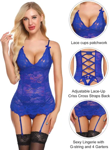 Vista 5 de Genhoo Conjunto de lencería sexy para mujer con ligas (sin medias)