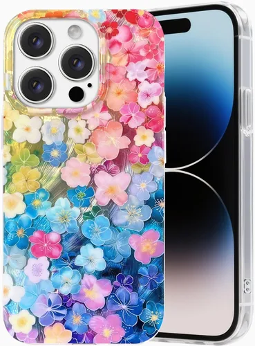 Vista 35 de I-MGAE-IN-AR Funda compacta para iPhone 12 Pro, diseño colorido de flores iridiscentes, holográfica, brillante, bonita funda para iPhone 12
