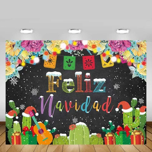 Vista 5 de MEHOFOND Telón de fondo de Feliz Navidad para fiesta, fiesta mexicana de Feliz Navidad, copo de nieve, fondo de fotografía, decoración de cactus