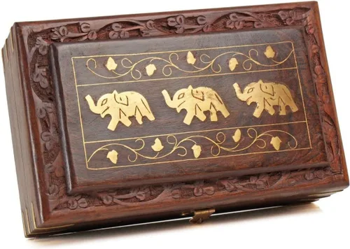 Vista 7 de Ajuny Joyero de madera de 8 x 5 Diseño de elefante hecho a mano con incrustaciones de latón, organizador de recuerdos y baratijas decorativo