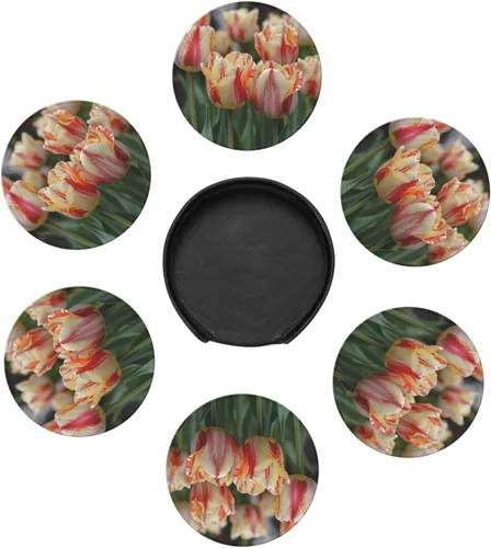 Vista 7 de 6Pcs Drink Coasters Round Leather Coaster with Holder Flowers Coasters for Drinks Coffee Cup Mat Heat Resistant Coaster for Tabletop Protection Desk