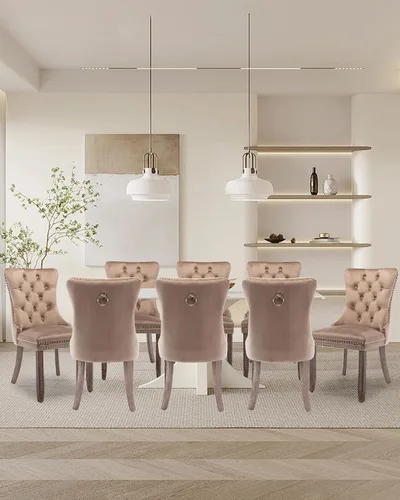 Vista 128 de Juego de 2 sillas de comedor de terciopelo con patas de madera, color beige Mid Century Modern Dining Chairs,Upholstered Chairs with Nailhead