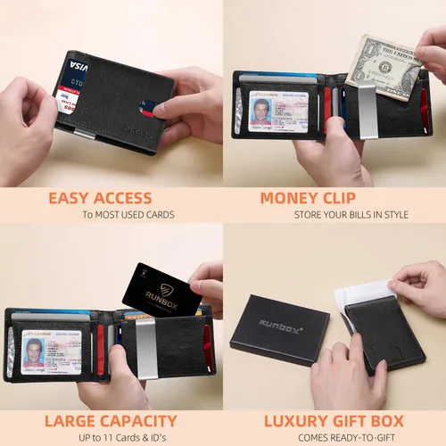 Vista 23 de RUNBOX - Carteras delgadas para hombre, cartera de piel con pinza para el dinero, cartera de bolsillo frontal con bloqueo RFID, tarjetero